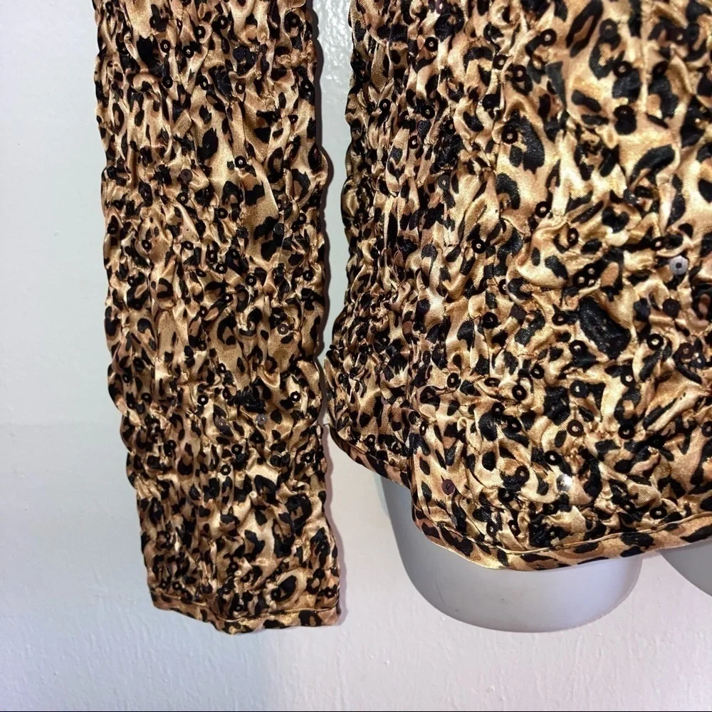 MSK Leopard Crimp Satin Sequin Zip Front Jacket M Beige Black